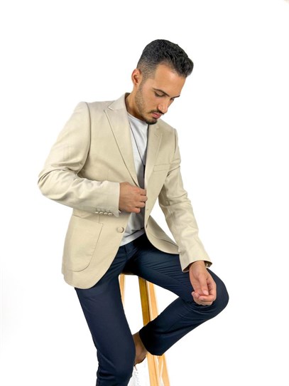 Ekru Renk Torba Cep Tek Ceket Mono Yaka Slim Fit | Agustini