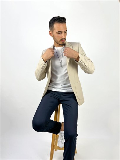 Ekru Renk Torba Cep Tek Ceket Mono Yaka Slim Fit | Agustini