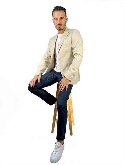 Ekru Renk Torba Cep Tek Ceket Mono Yaka Slim Fit | Agustini