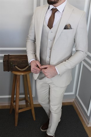 Ekru Renk Yelekli Takım Elbise Slim Fit | Agustini