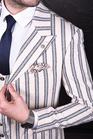 Ekru Renk,Koyu Lacivert Çizgili Yelekli Takım Elbise | Agustini