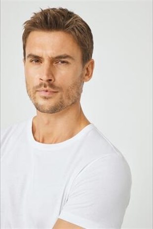 Erkek Beyaz Bisiklet Yaka  Fit T-shirt  | Agustini