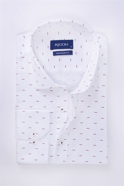 Erkek Beyaz Bordo Bıyık Desen Slim Fit Gömlek | Agustini