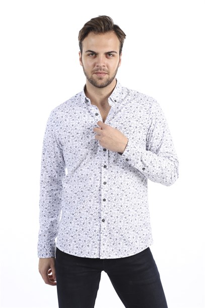 Erkek Beyaz Yaprak Desen Slim Fit Gömlek | Agustini