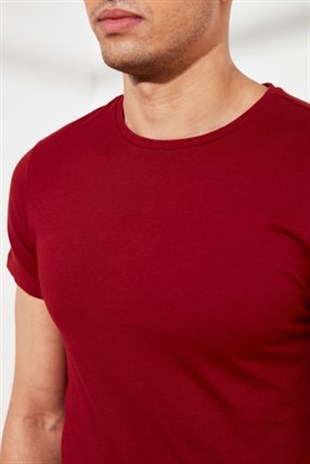 Erkek Bordo  Bisiklet Yaka  Fit T-shirt  | Agustini