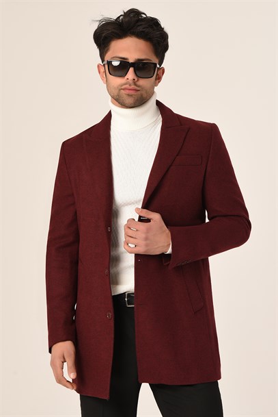 Erkek Bordo Kaşe Kaban Slim Fit | Agustini