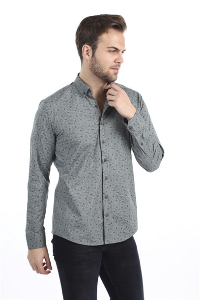 Erkek Haki Yeşil Yaprak Desen Slim Fit Gömlek | Agustini