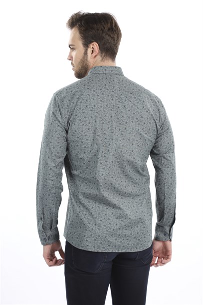 Erkek Haki Yeşil Yaprak Desen Slim Fit Gömlek | Agustini