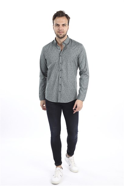 Erkek Haki Yeşil Yaprak Desen Slim Fit Gömlek | Agustini