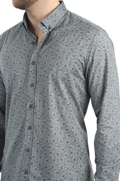 Erkek Haki Yeşil Yaprak Desen Slim Fit Gömlek | Agustini