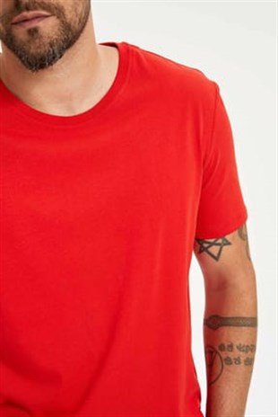 Erkek Kırmızı Bisiklet Yaka  Fit T-shirt  | Agustini