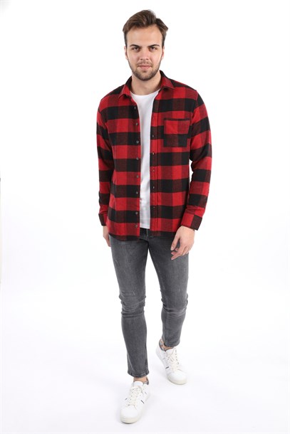 Erkek Kırmızı Ekose Oduncu Slim Fit Gömlek | Agustini