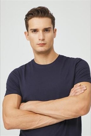 Erkek Lacivert Bisiklet Yaka  Fit T-shirt  | Agustini