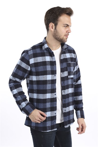 Erkek Lacivert Ekose Oduncu Slim Fit Gömlek | Agustini