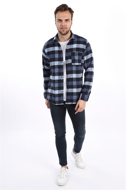 Erkek Lacivert Ekose Oduncu Slim Fit Gömlek | Agustini