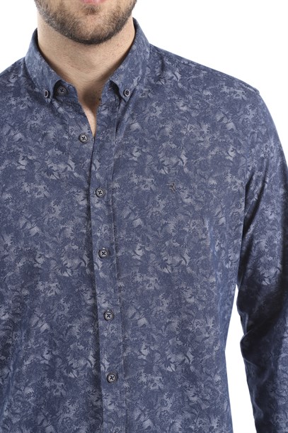 Erkek Lacivert Kendinden Desenli Slim Fit Gömlek | Agustini