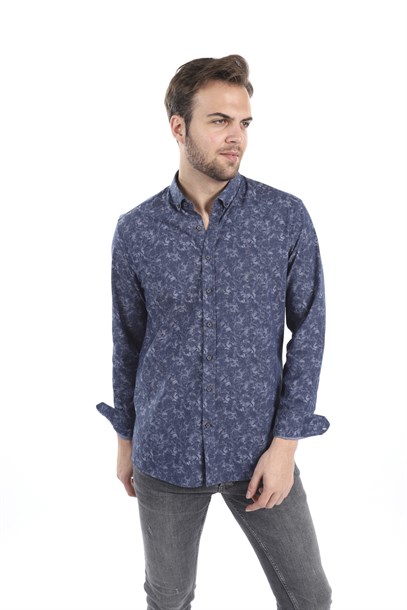 Erkek Lacivert Kendinden Desenli Slim Fit Gömlek | Agustini
