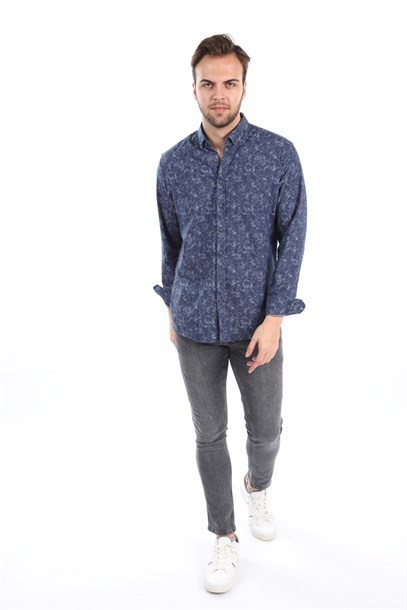 Erkek Lacivert Kendinden Desenli Slim Fit Gömlek | Agustini