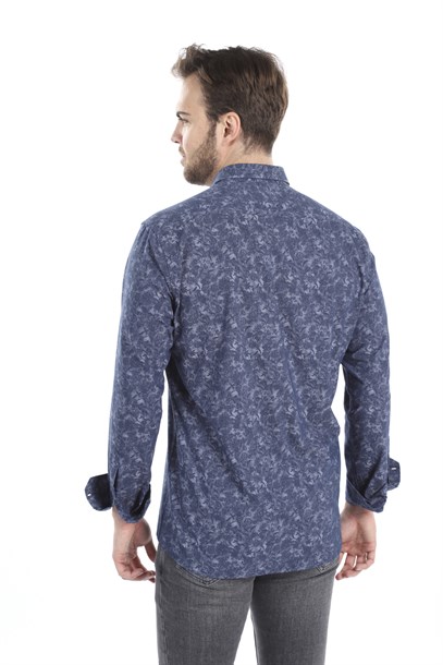 Erkek Lacivert Kendinden Desenli Slim Fit Gömlek | Agustini