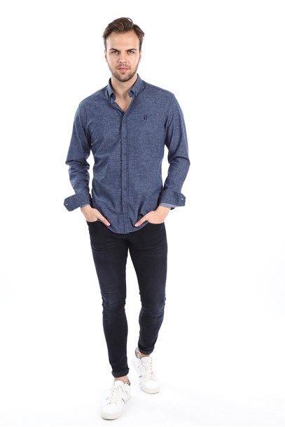 Erkek Lacivert Kot Görünümlü Slim Fit Gömlek | Agustini