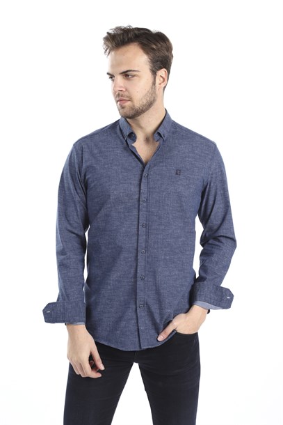 Erkek Lacivert Kot Görünümlü Slim Fit Gömlek | Agustini