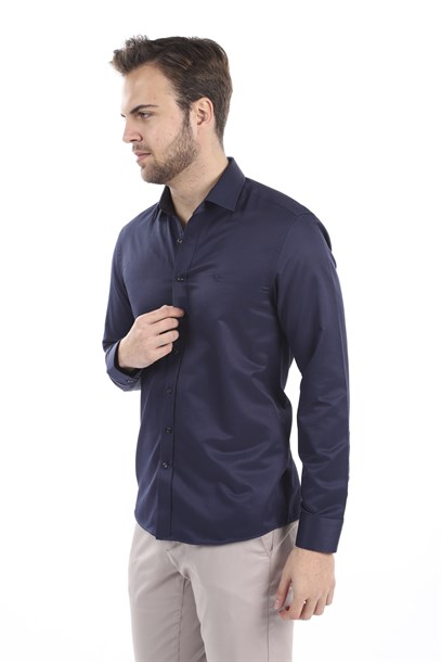 Erkek Lacivert Slim Fit Gömlek | Agustini