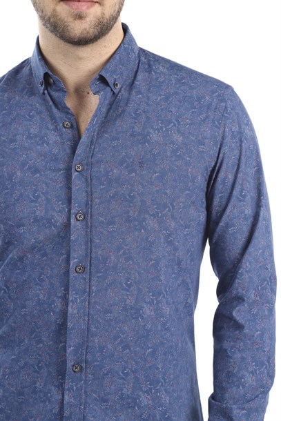 Erkek Mavi Kendinden Desenli Slim Fit Gömlek | Agustini