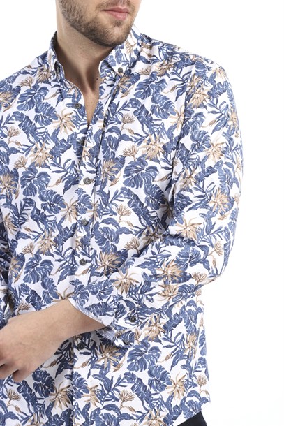Erkek Mavi Yaprak Desen Slim Fit Gömlek | Agustini