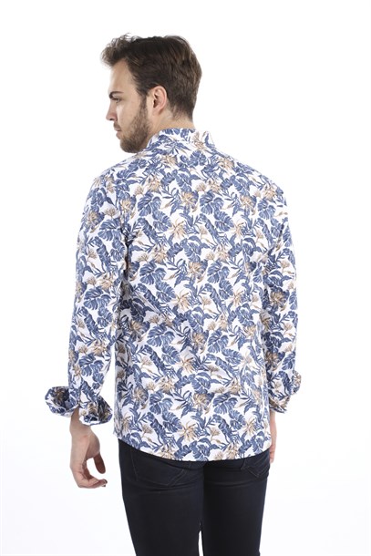 Erkek Mavi Yaprak Desen Slim Fit Gömlek | Agustini
