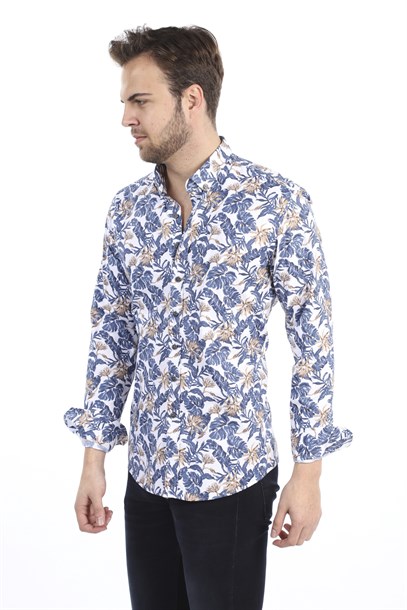 Erkek Mavi Yaprak Desen Slim Fit Gömlek | Agustini