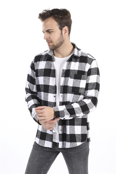 Erkek Siyah Beyaz Ekose Oduncu Slim Fit Gömlek | Agustini