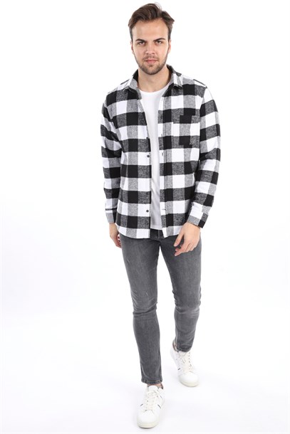 Erkek Siyah Beyaz Ekose Oduncu Slim Fit Gömlek | Agustini
