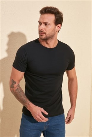 Erkek Siyah Bisiklet Yaka  Fit T-shirt  | Agustini