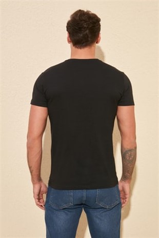 Erkek Siyah Bisiklet Yaka  Fit T-shirt  | Agustini