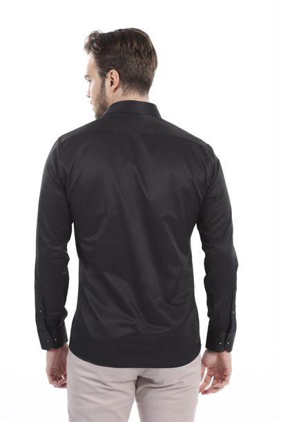 Erkek Siyah Düz Slim Fit Gömlek | Agustini