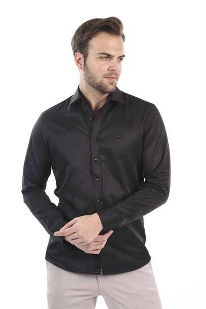 Erkek Siyah Düz Slim Fit Gömlek | Agustini