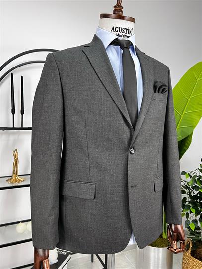 Klasik Kesim Geniş Kalıp Füme Renk Çizgili Mono Yaka Çift Düğme Çift Yırtmaç Tek Ceket | Agustini