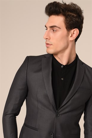 Füme Renk Çizgili Takım Elbise,Jogger Pantolonlu Slim Fit | Agustini