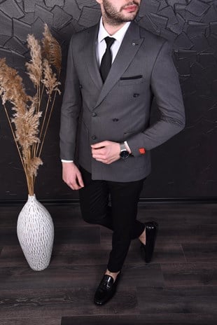 Füme Renk, Kruvaze Tek Ceket Sivri Yaka | Agustini