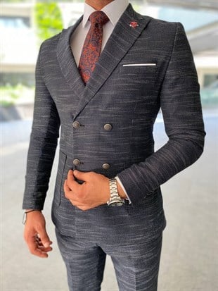 Füme,Kruvaze Takım Elbise Sivri Yaka Slim Fit | Agustini