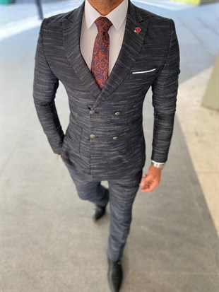 Füme,Kruvaze Takım Elbise Sivri Yaka Slim Fit | Agustini