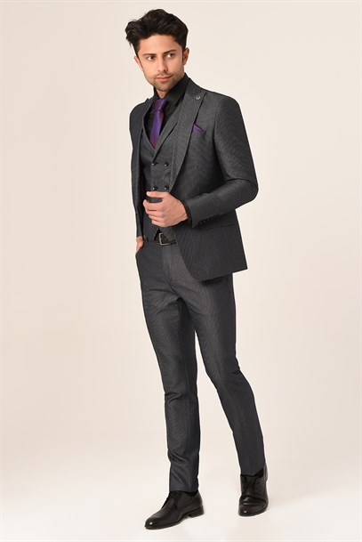 Gri Armürlü Yelekli Yeni Nesil Takım Elbise Slim Fit | Agustini
