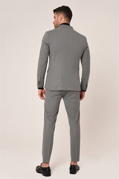 Gri Beyaz Çizgili,Kruvaze Takım Elbise Slim Fit İtalyan Stil | Agustini