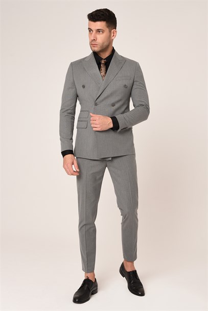 Gri Beyaz Çizgili,Kruvaze Takım Elbise Slim Fit İtalyan Stil | Agustini
