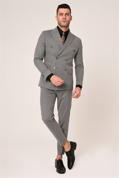 Gri Beyaz Çizgili,Kruvaze Takım Elbise Slim Fit İtalyan Stil | Agustini