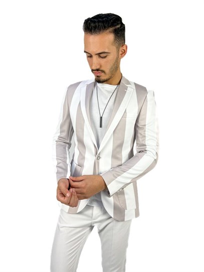 Gri Beyaz Şerit Desen Torba Cep Blazer Tek Ceket Slim Fit | Agustini