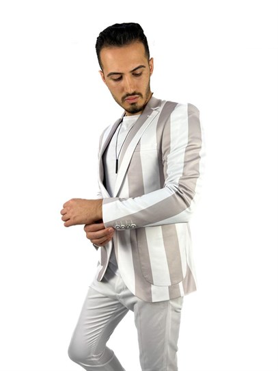 Gri Beyaz Şerit Desen Torba Cep Blazer Tek Ceket Slim Fit | Agustini
