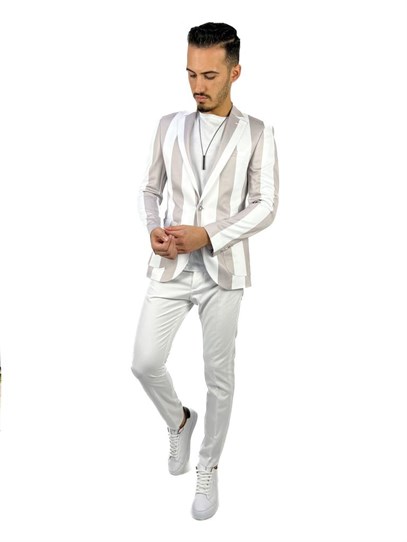 Gri Beyaz Şerit Desen Torba Cep Blazer Tek Ceket Slim Fit | Agustini