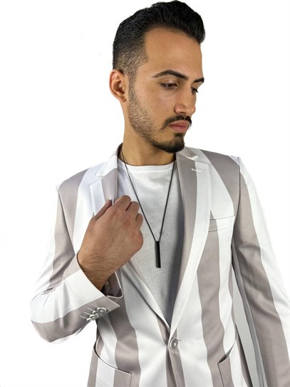 Gri Beyaz Şerit Desen Torba Cep Blazer Tek Ceket Slim Fit | Agustini