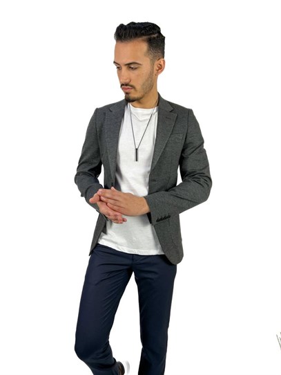 Gri Blazer Mono Yaka Slim Fit Torba Cep Tek Ceket | Agustini